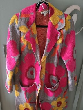 DAVI & DANI Hot Pink Floral Knit Trench Coat with Gray and Yellow Accents